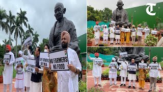 Farmers’ issues: Punjab Congress MPs protest at Gandhi statute in Parliament