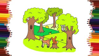 como dibujar un bosque con animales | Dibujos faciles