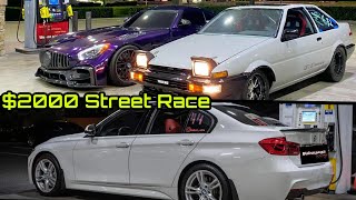 2JZ Toyota Corolla AE86 VS Sleeper BMW 340I! $2,000 STREET RACE! | B58 VS 2JZ!