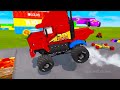 4 monster trucks vs big u0026 small long mack truck with ball vs train thomas beamng.drive