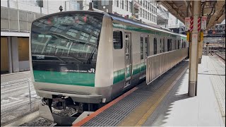 【緊急停車の瞬間と運転再開シーン有り！】E233系7000番台ﾊｴ134編成が踏切直前横断で緊急停車〜すぐ後ろから警笛を鳴らして新宿駅1番線を発車するシーン（1264F）2025.2.18.13:06