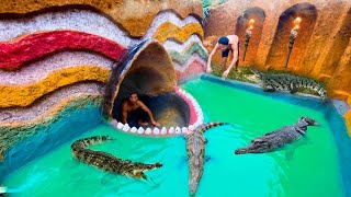 homens construindo uma piscina de crocodilo em torno da casa subterrânea secreta