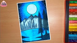 Night Sky Mountain scenery drawing for beginners with Oil Pastels -  step by step