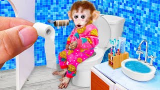 Baby Monkey Bi Bon goes to the toilet and brushes his teeth eats yummy noodles with puppy