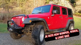 How to install a  Motobilt front bumper, 12000lb winch, \u0026 light bar on a Jeep JK