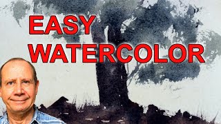 Simple watercolor landscape tree and sunset. Easy paintings for beginner watercolor artists.