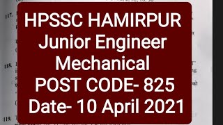 Junior Engineer Mechanical POST CODE- 825 Answer Key