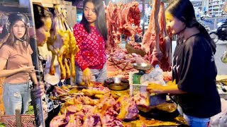 Cambodia street food - Fish, meat and vegetable market in Toul Pong at night @Phnom Penh