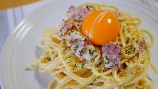 Carbonara-style Bacon Cream Pasta : Moso-family's usual meal カルボラーナ風ベーコンクリームパスタ 妄想グルメ家いつもの食事