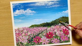 How to draw a cosmos flower field with acrylic paint / Landscape / for beginners / Step by step