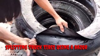 Splitting truck tires using a razor