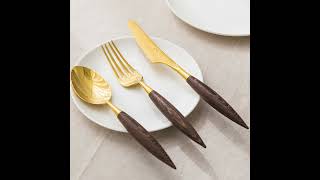 Golden pointed wooden handle stainless steel tableware with unique design home use tableware set