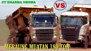 ADU KEKUATAN SCANIA R580 V8 VS VOLVO FH16 610 Diuble Vessel Meraung Muatan 180 Ton Batubara