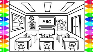 How to Draw a CLASSROOM for KIDS 🍏🎒📚✏️ Classroom Drawing for Kids | Classroom Coloring Pages Kids