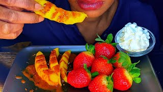 JUICY STRAWBERRY \u0026 MANGO FRUIT PLATE With Whipped Cream, Chamoy \u0026 Tajin | ASMR Eating Sounds