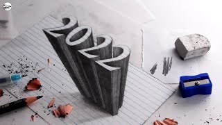 How to Draw 2022 Numbers 3D Trick Art on Line Paper: NARRATED Step-by-Step Anamorphic Drawing