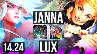 JANNA \u0026 Xayah vs LUX \u0026 Jhin (SUP) | 1200+ games | NA Challenger | 14.24