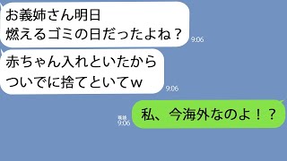 【LINE】うちのゴミ箱に赤ちゃんを入れて浮気旅行に出かけた義妹「ついでに捨てといてｗ」→海外にいる私は慌てて弟に連絡したが…