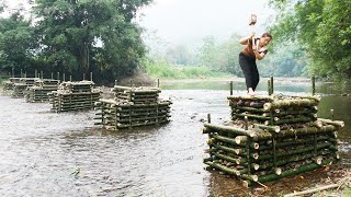 Full video: 110 Days Building a bamboo bridge to the island off grid - Build 6 stone piers