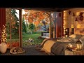 cozy autumn porch in bedroom ambience with morning birdsong and relaxing campfire