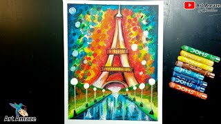 Oil Pastel Drawing Easy For Beginners | Night sky Scenery Drawing Step by Step | Eiffel Tower Art