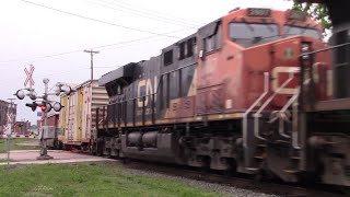 Long Stack Train CN 120 w/Inspection Car \u0026 CN 100 DPU Passing thru Downtown Moncton, NB