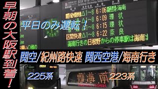 平日のみ運転！225系・223系関空/紀州路快速 関西空港/海南行き 早朝の大阪駅到着！