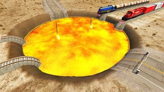 Trains vs Giant Lava Crater - BeamNG.Drive