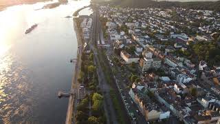 Sunset over Bingen am Rhein Riverview - Aerial Journey (Free Copyright Footage)