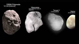 Asteroids, Comets, and Moons Size Comparison
