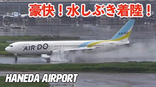 豪快水しぶき! 豪雨あとの滑走路に着陸! エア・ドゥ Boeing 767 羽田空港