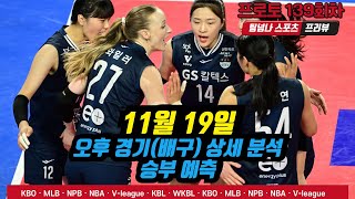 [팀넘나 오늘의 국내 경기] 11월 19일 농구, 배구 예측 분석, 프로토 승부식 139회차(V리그)