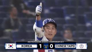 亞冠賽 2017 11/17 台灣VS韓國 韓國隊的第五棒李政厚打下整場比賽兩隊唯一的1分