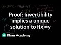 Proof: Invertibility implies a unique solution to f(x)=y | Linear Algebra | Khan Academy