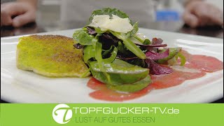 Carpaccio vom Rind an Loup de Mer (Wolfsbarsch) an Kräuterkruste | Topfgucker-TV