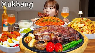 Sub)Real Mukbang- Beef Steak 🥩 Spicy Risotto 🍲 Oil Pasta 🍝 Chicken Salad 🍗Wine 🍾 ASMR