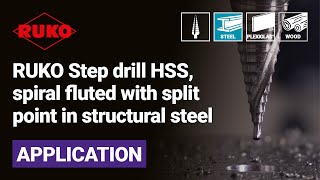 RUKO Step drill HSS, spiral fluted with split point in plexiglas, structural steel and wood