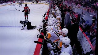 NHL Linesman Mark Shewchyk goes down in collision