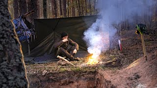 Two days in new bushcraft camp, Dugout shelter, solo autumn overnight, shelter build