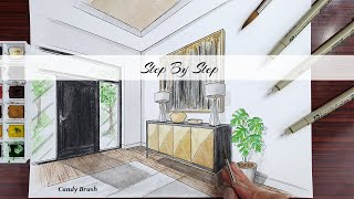 How to Draw A Modern Entryway in Two Point Perspective | Step By Step