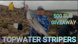 Topwater Stripers Kaw Dam Oklahoma. 500 SUB GIVEAWAY.