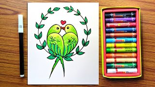 Beautiful Parrots Drawing Colour Easy | Cute Love Birds Drawing Colour | Valentine's Day Drawing