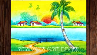 Riverside Village Sunset Drawing । how to draw beautiful riverside sunset । sunset drawing