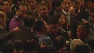 Chinese President Hu Jintao heckled by protester in Hong Kong