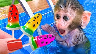 Monkey Baby Bon Bon Goes To Buy Watermelon Ice Cream And Swim With Duckling In The Pool