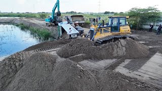 Wonderful action bulldozer SHANTUI pushing sand \u0026 dump truck overturned recovery