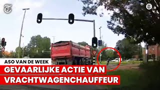 Trucker negeert verkeersbord: doodeng moment voor fietser gefilmd