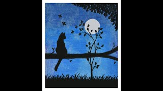 Moonlight Cat Scenery Drawing with Oil Pastel #shorts #funcrafts