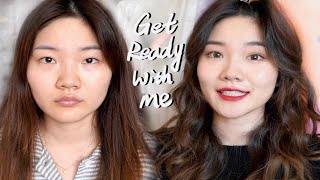 【GRWM】自然小脸妆//改善高颧骨长中庭的小心机//附渣女大波浪