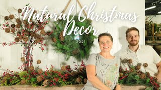 Natural Christmas Decor: Mantle, Wreath and Table Top Arrangement Using Evergreen and Berries (2021)